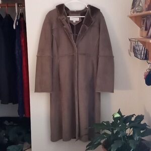 Jones New York Faux Shearling Boho Hippie Casual Olive Green Hooded Maxi Jacket